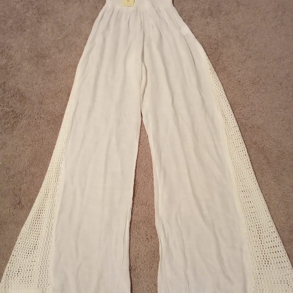 Elan Cream Wide-Leg Crochet Detail Pants